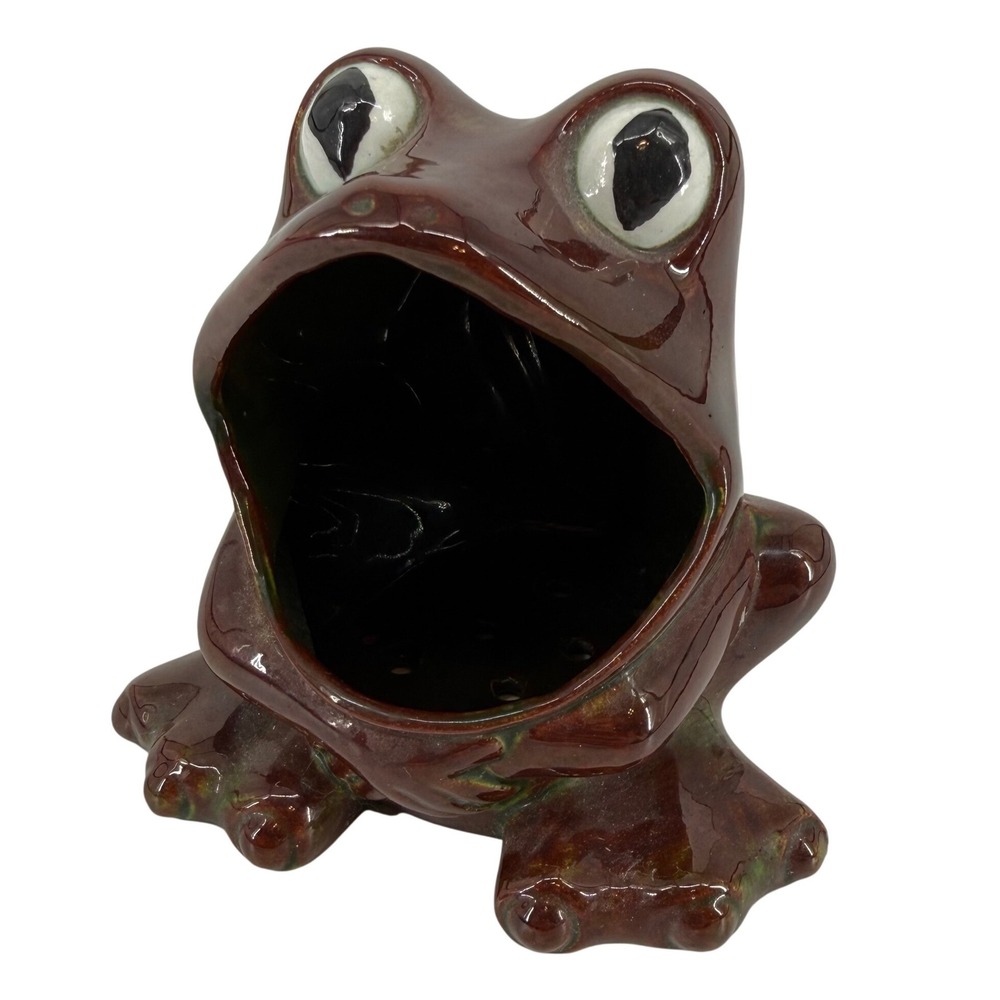 Vintage 1975 Handmade Frog Toad Pottery Planter‎ Brown Ceramic Whimsical Garden